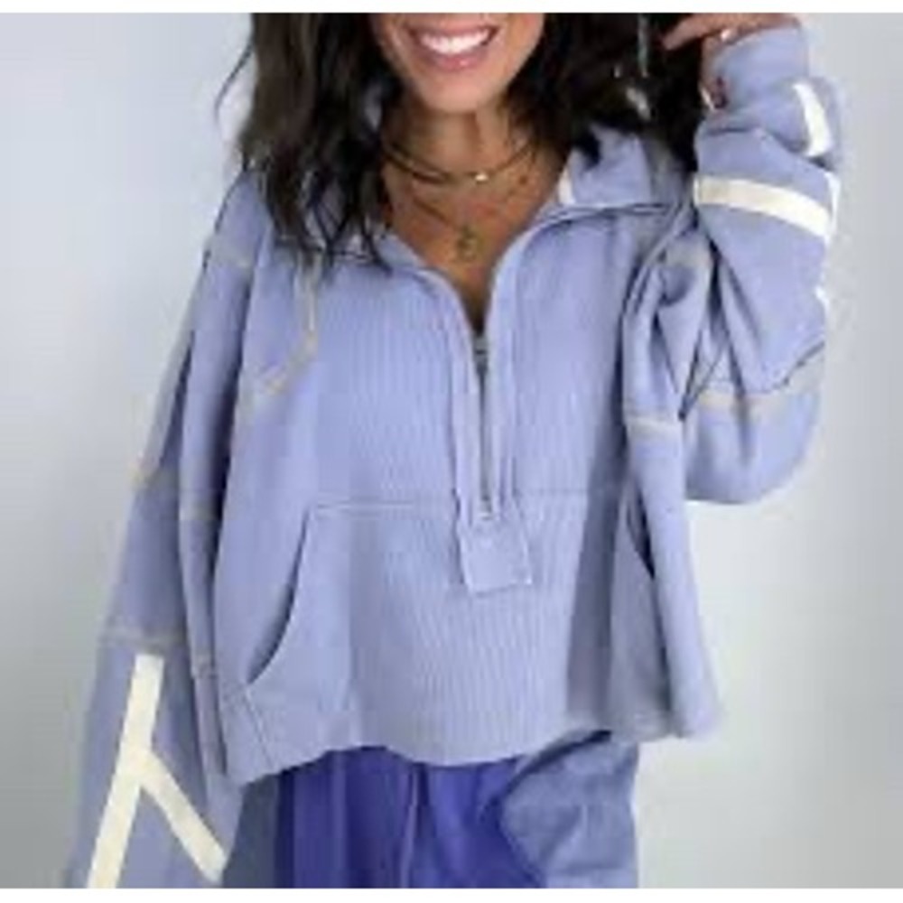 POL Light Blue Cropped Quarter‎ Zip Sweatshirt Size S Distressed Raw Hem